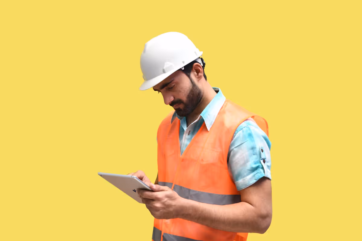 Tradesperson in hard hat reviewing Google Business Profile on a tablet at a job site