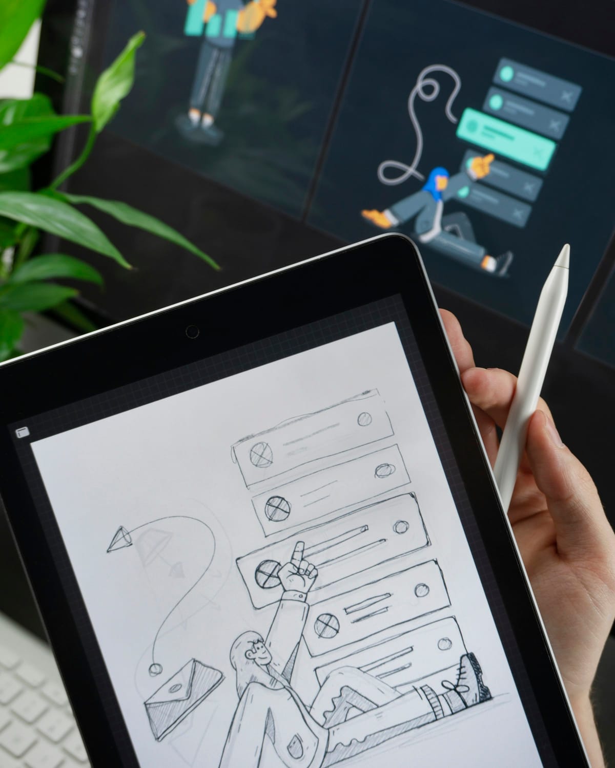 Designer sketching website wireframes on a tablet, planning website design pricing tiers